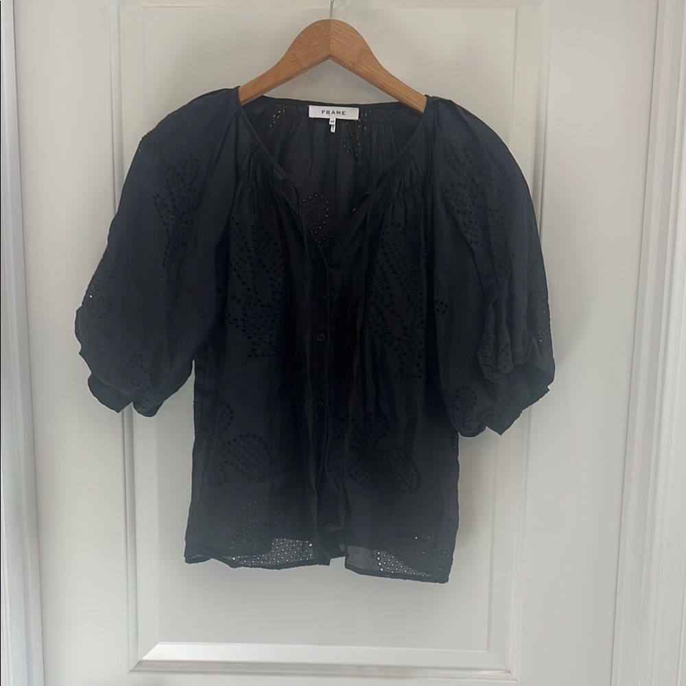Frame Denim Black Ruched Short Sleeve Blouse